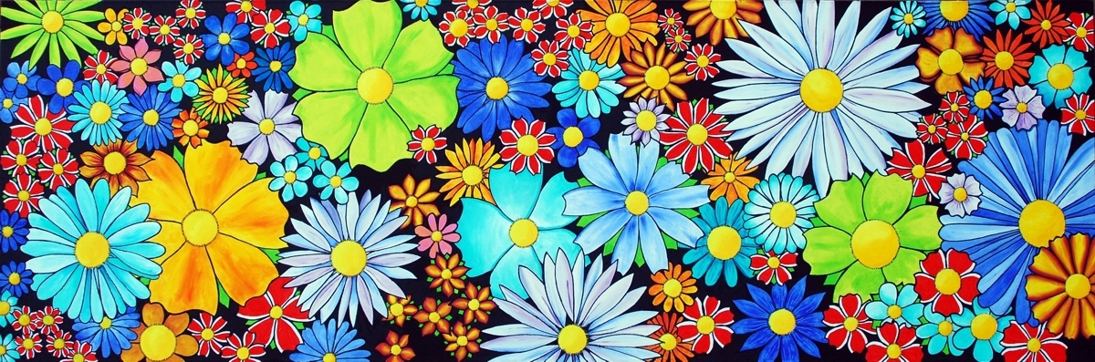 Acrylics on canvas painting of very colorful abstract flowers by Janet Plantinga, titled 'It's all about flowers'.