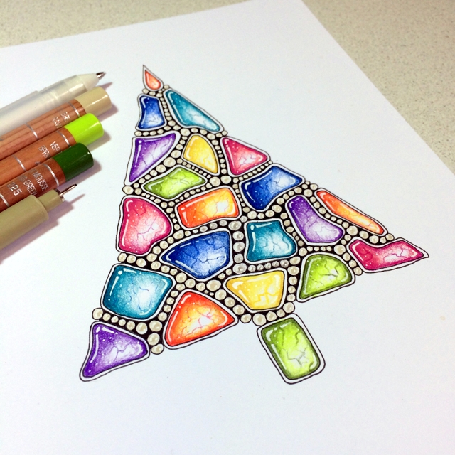 Christmas zentangle tree with zengems by Janet Plantinga