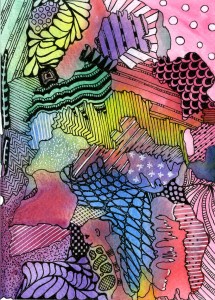 Zentangle on aquarel paint by Janet Plantinga